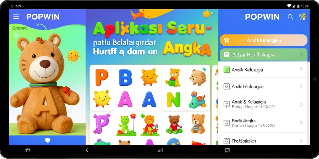 Tampilan antarmuka aplikasi POPWIN dengan fitur belajar huruf dan angka.